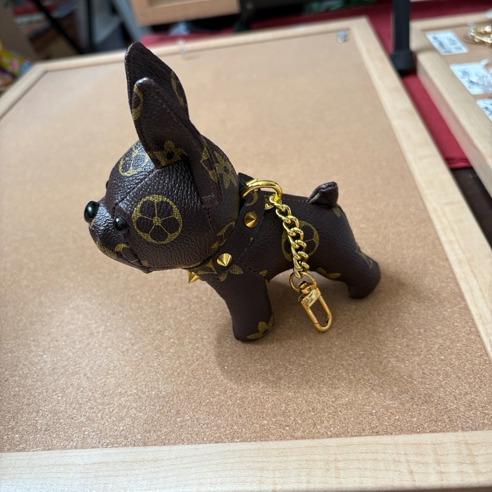 Chic Brown Dog Keychain with Gold Accents